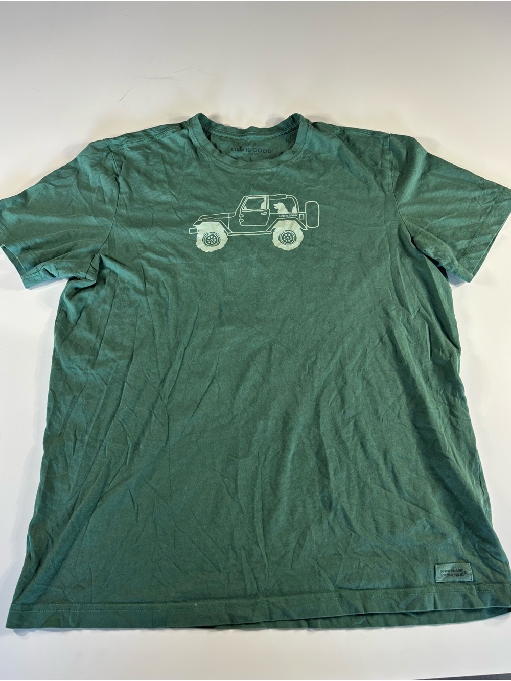 Life Is Good Shirt Mens L Green Jeep Dog Graphic Crew Neck Tagless Cotton